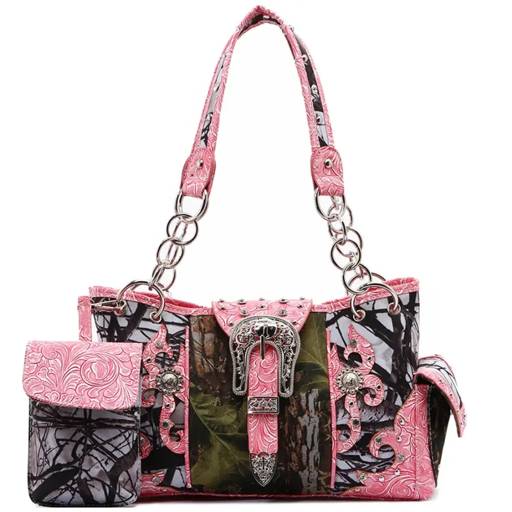 Camouflage Buckle Women Purse with Matching Wallet Set Western Handbags - Fuchsia - Bags