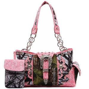 Camouflage Buckle Women Purse with Matching Wallet Set Western Handbags - Fuchsia - Bags