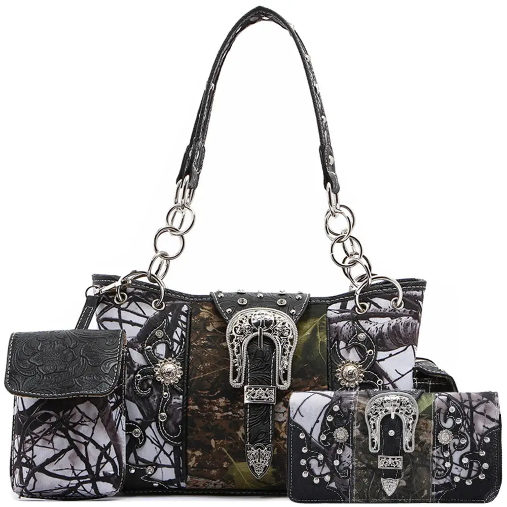 Camouflage Buckle Women Purse with Matching Wallet Set Western Handbags - Black - Bags