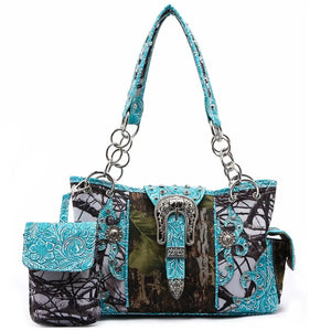 Camouflage Buckle Women Purse with Matching Wallet Set Western Handbags - Turquoise - Bags