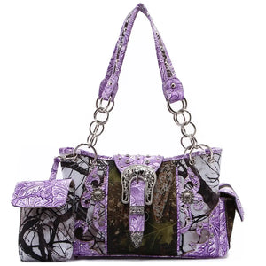 Camouflage Buckle Women Purse with Matching Wallet Set Western Handbags - Purple - Bags