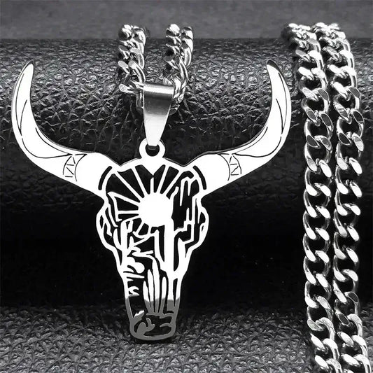 Cow Skull Animal Cowboy Stainless Steel Necklace, Bull Head Pendant - The Best New Thing