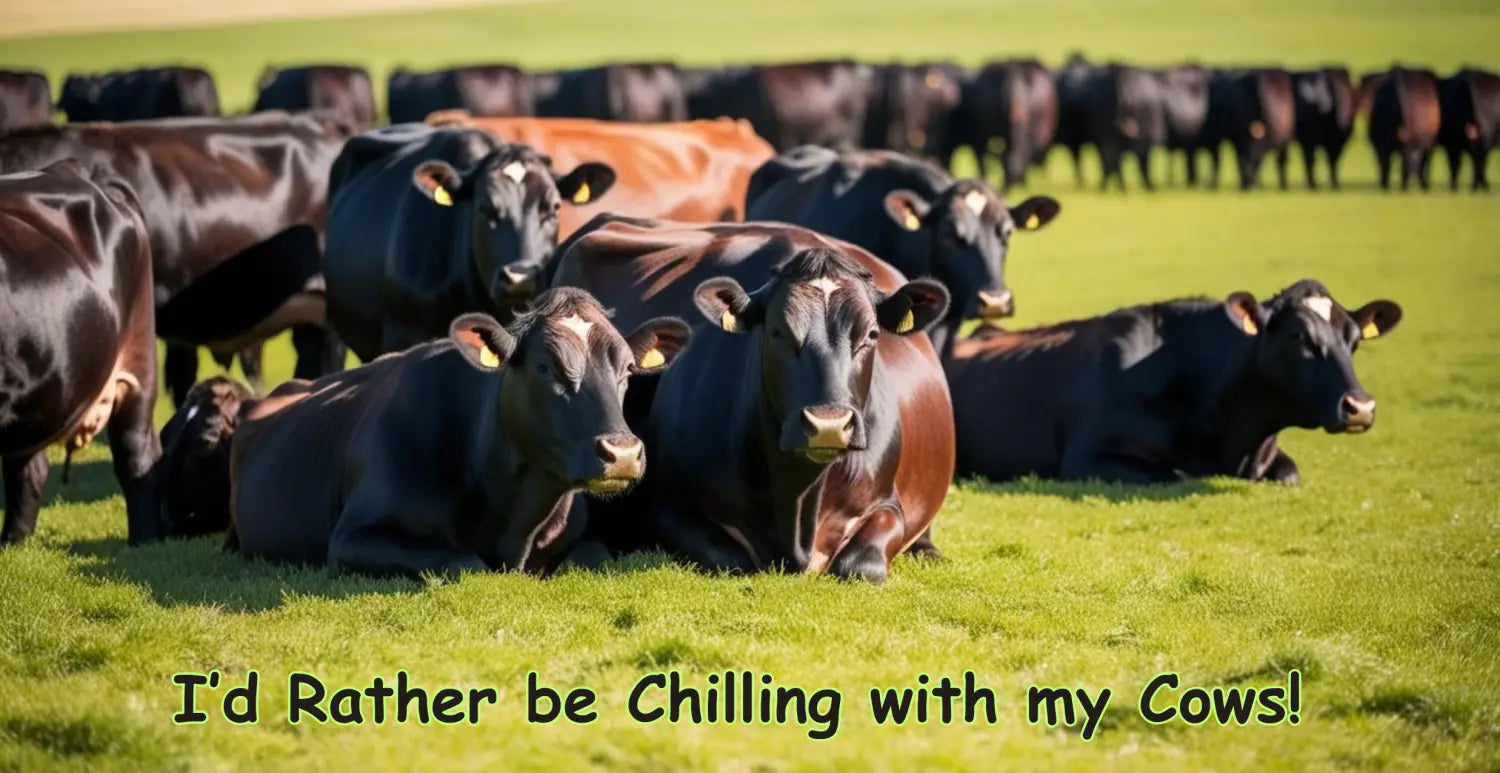 Resting herd of cattle on a farm with lush green pasture for I Love Cows Coffee Mug