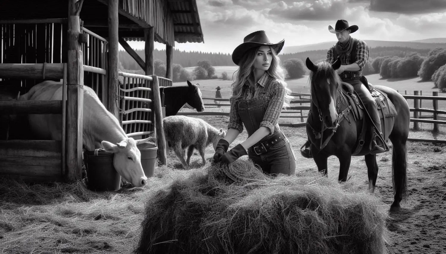 Black and white ranch scene on Farmers Wife Mug with funny cowgirl design