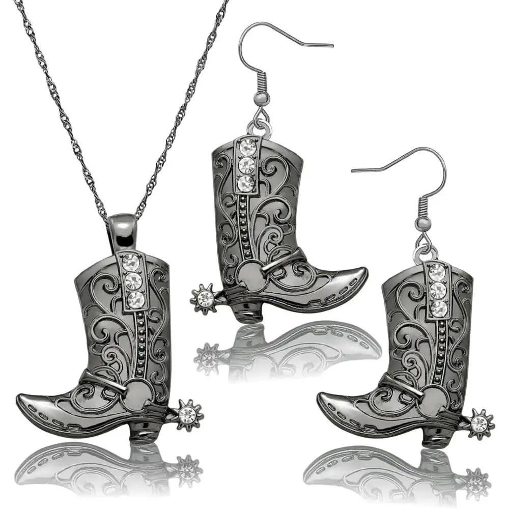 Cowgirl Boot Pendant Earrings Necklace Set Rodeo Cowboy boots with Spurs Western Fashion Jewelry - Black Set - Jewelry