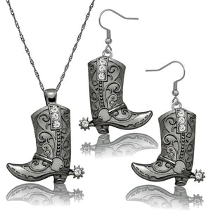 Cowgirl Boot Pendant Earrings Necklace Set Rodeo Cowboy boots with Spurs Western Fashion Jewelry - Black Set - Jewelry