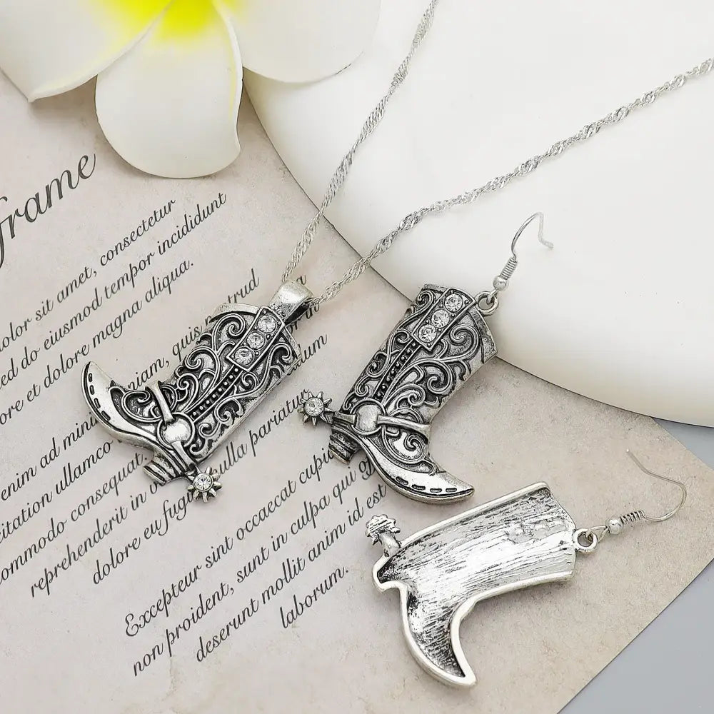 Cowgirl Boot Pendant Earrings Necklace Set Rodeo Cowboy boots with Spurs Western Fashion Jewelry - Jewelry