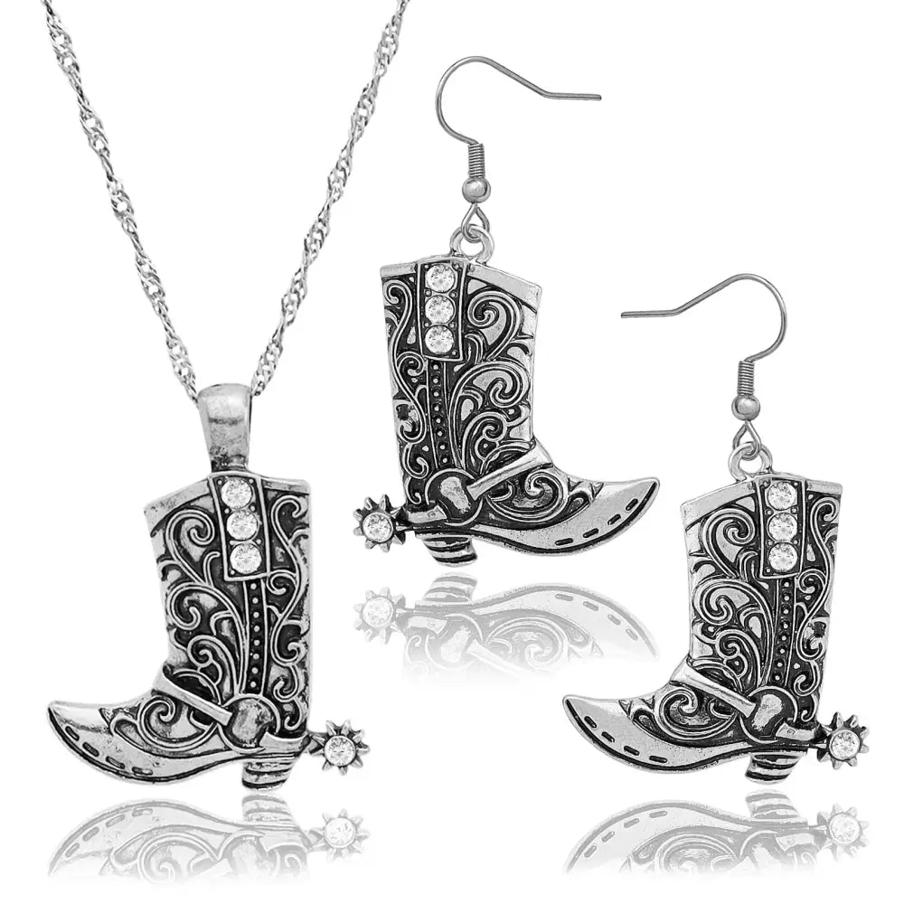 Cowgirl Boot Pendant Earrings Necklace Set Rodeo Cowboy boots with Spurs Western Fashion Jewelry - Vintage Silver