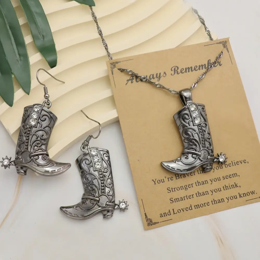 Cowgirl Boot Pendant Earrings Necklace Set Rodeo Cowboy boots with Spurs Western Fashion Jewelry - Jewelry