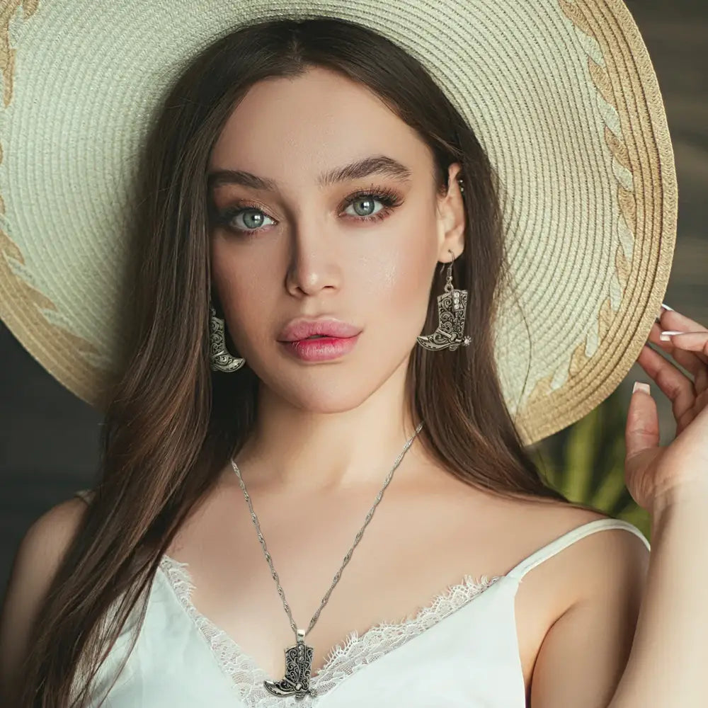 Cowgirl Boot Pendant Earrings Necklace Set Rodeo Cowboy boots with Spurs Western Fashion Jewelry - Jewelry