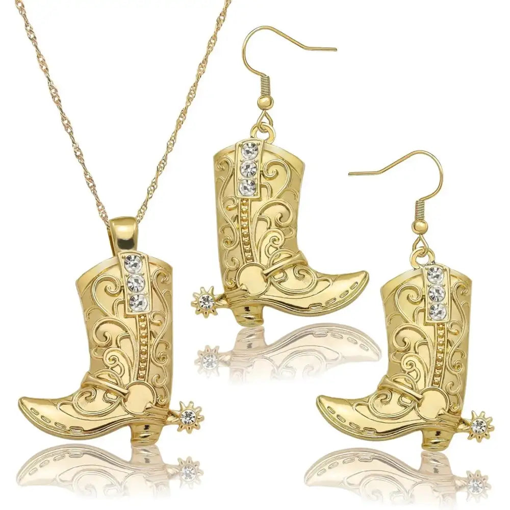 Cowgirl Boot Pendant Earrings Necklace Set Rodeo Cowboy boots with Spurs Western Fashion Jewelry - Gold set - Jewelry