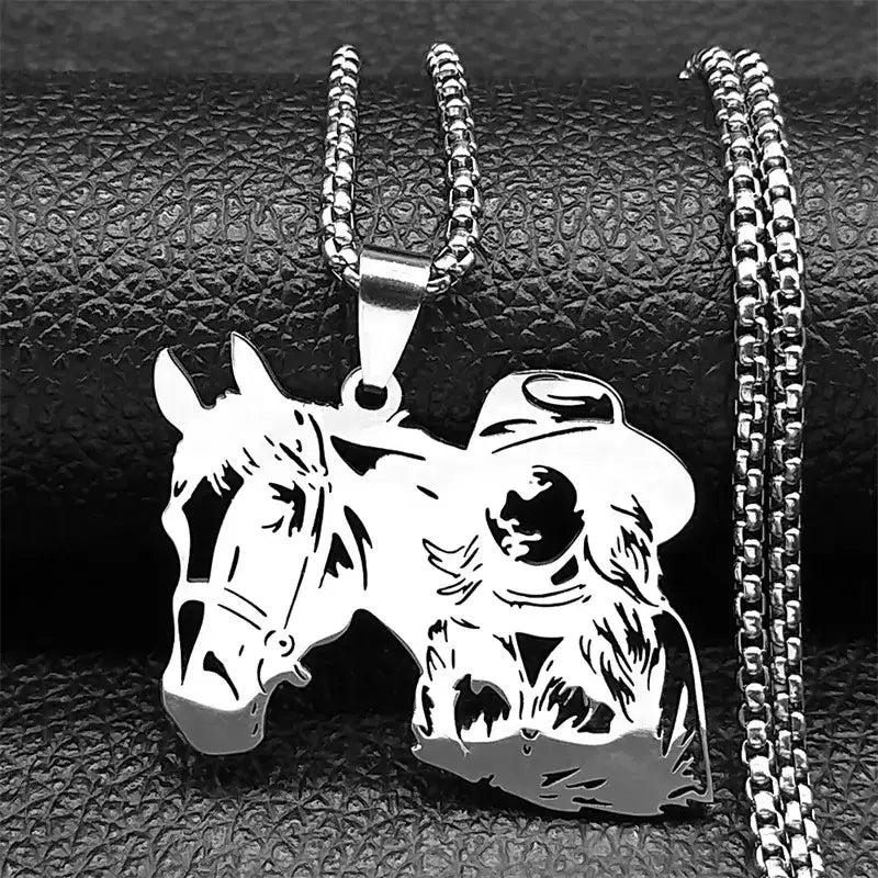 Cowgirl Horse Necklace Stainless Steel Hollow Pendant Jewelry with Chain | Gold Silver Black 60cm BOX SR Jewelry