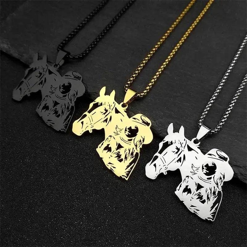 Cowgirl Horse Necklace Stainless Steel Hollow Pendant Jewelry with Chain | Gold Silver Black Jewelry