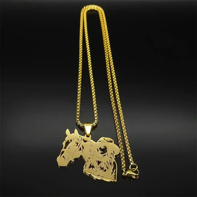Cowgirl Horse Necklace Stainless Steel Hollow Pendant Jewelry with Chain | Gold Silver Black Jewelry