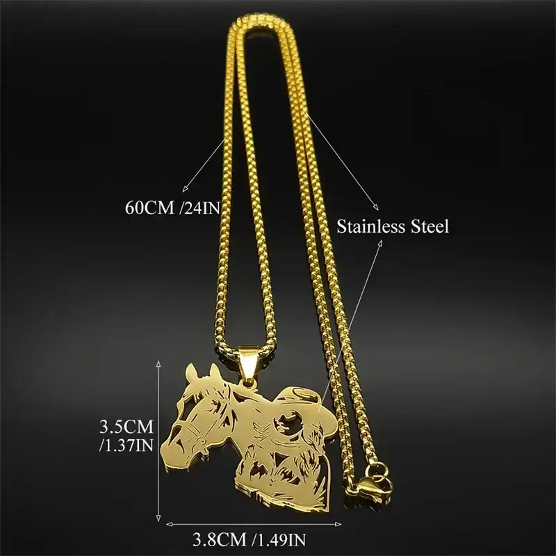 Cowgirl Horse Necklace Stainless Steel Hollow Pendant Jewelry with Chain | Gold Silver Black Jewelry