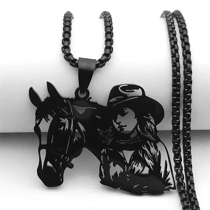 Cowgirl Horse Necklace Stainless Steel Hollow Pendant Jewelry with Chain | Gold Silver Black - 60cm BOX BK - Jewelry