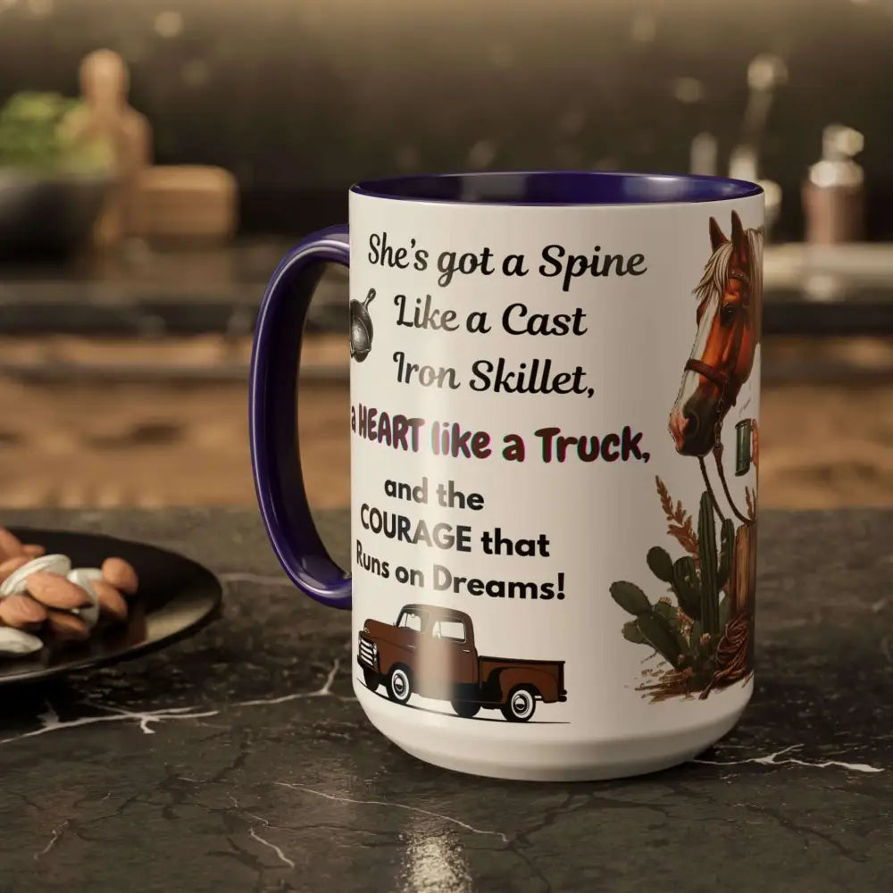Cowgirl Tough 15oz Mug – “Spine Like a Skillet Heart Like a Truck” Inspirational Western Gift Cowgirl Coffee Mugs Mugs