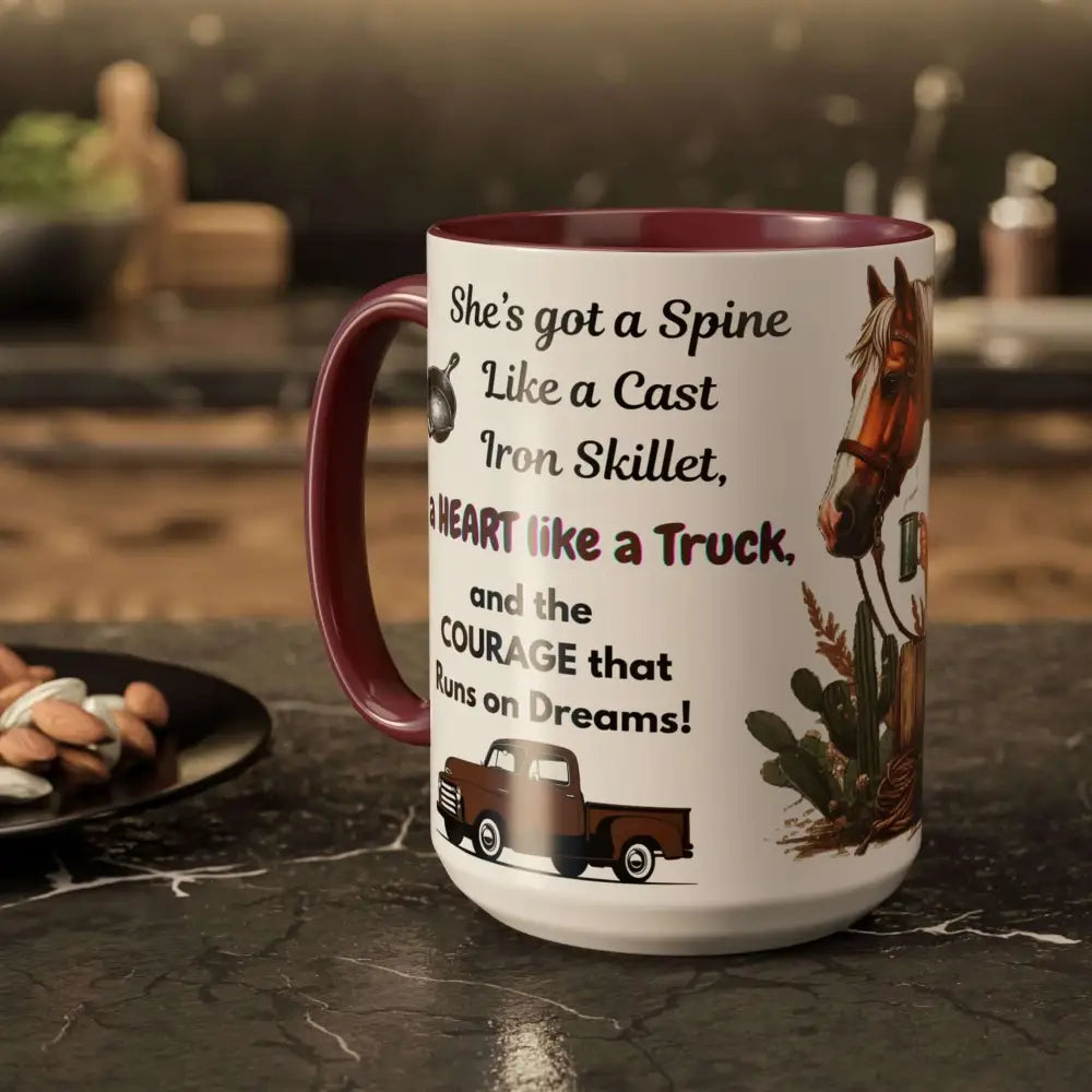Cowgirl Tough 15oz Mug – “Spine Like a Skillet Heart Like a Truck” Inspirational Western Gift Cowgirl Coffee Mugs Mugs
