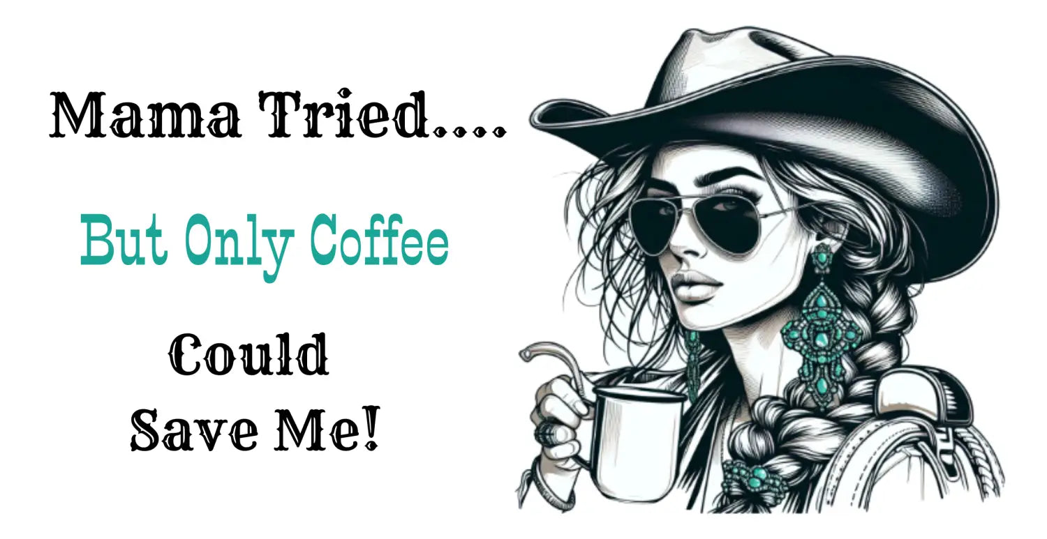 Cowgirl coffee graphic on a western-themed aesthetic coffee mug for country living enthusiasts
