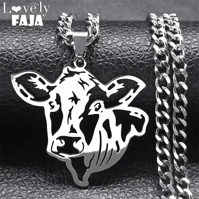 Cute Cow Head Hollow Stainless Steel Silver Necklace Chain for Women or Men 50cm CS SR Jewelry