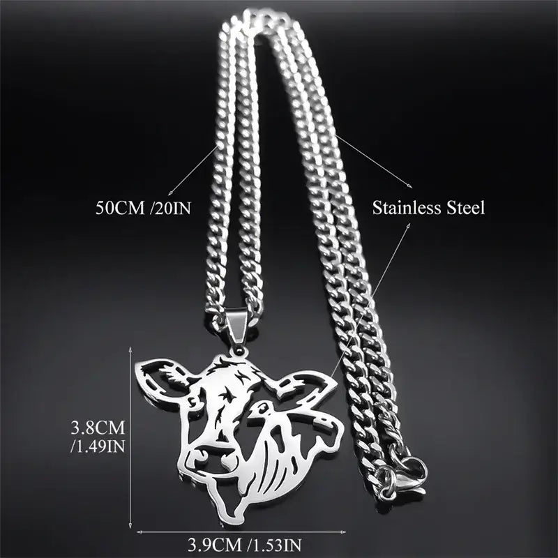 Cute Cow Head Hollow Stainless Steel Silver Necklace Chain for Women or Men 50cm CS SR Jewelry
