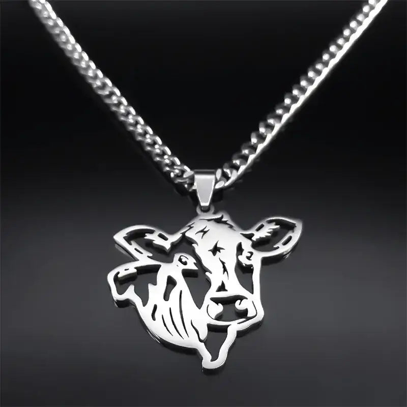 Cute Cow Head Hollow Stainless Steel Silver Necklace Chain for Women or Men 50cm CS SR Jewelry