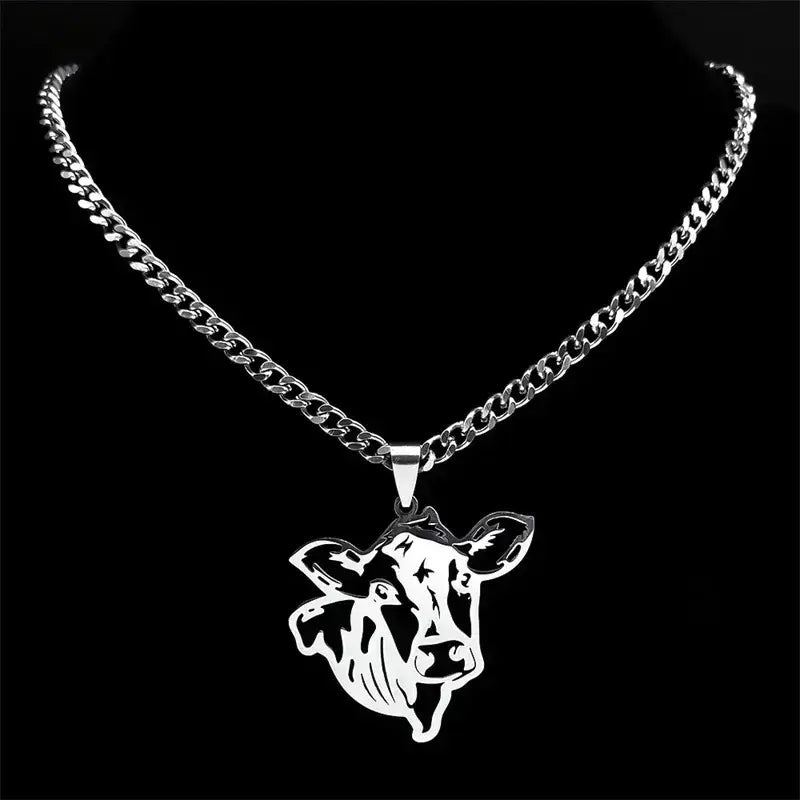 Cute Cow Head Hollow Stainless Steel Silver Necklace Chain for Women or Men 50cm CS SR Jewelry