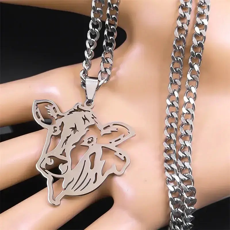 Cute Cow Head Hollow Stainless Steel Silver Necklace Chain for Women or Men 50cm CS SR Jewelry