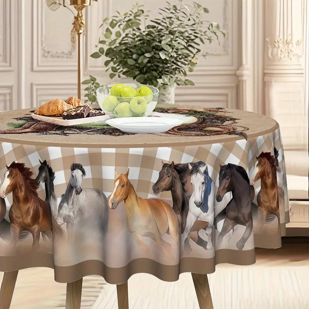 Western Cowboy Horse Round Tablecloth with horse pattern and checkered skirt for Western decor