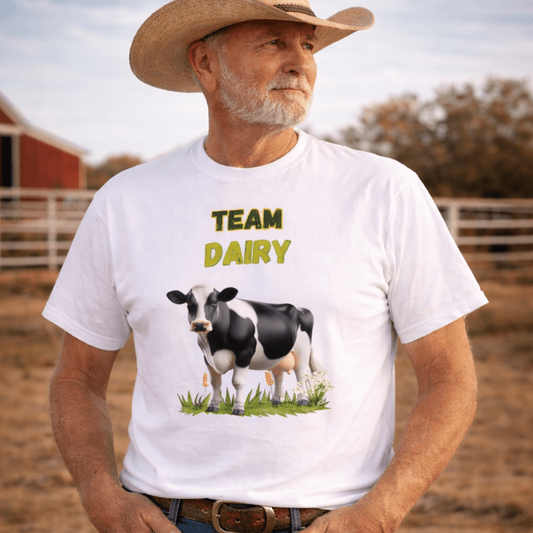 Man wearing Team Dairy T-Shirt with cow graphic, ideal for cattle breeders and livestock show enthusiasts.