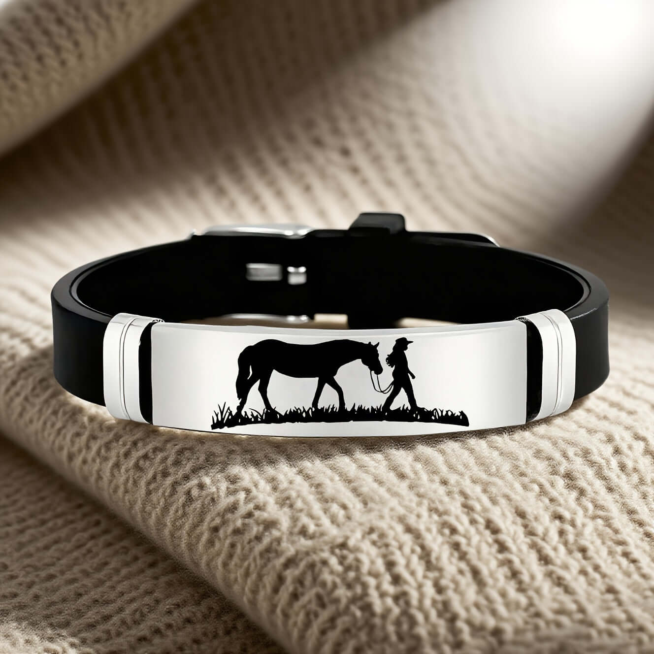 Cowgirl Bracelet featuring a cowgirl walking with a horse, made of stainless steel and silicone, ideal for gifts.