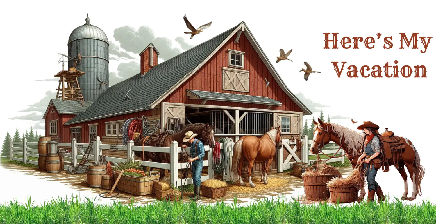 Rural farm scene on Working Rancher and Cowgirl No Vacation Coffee Mug