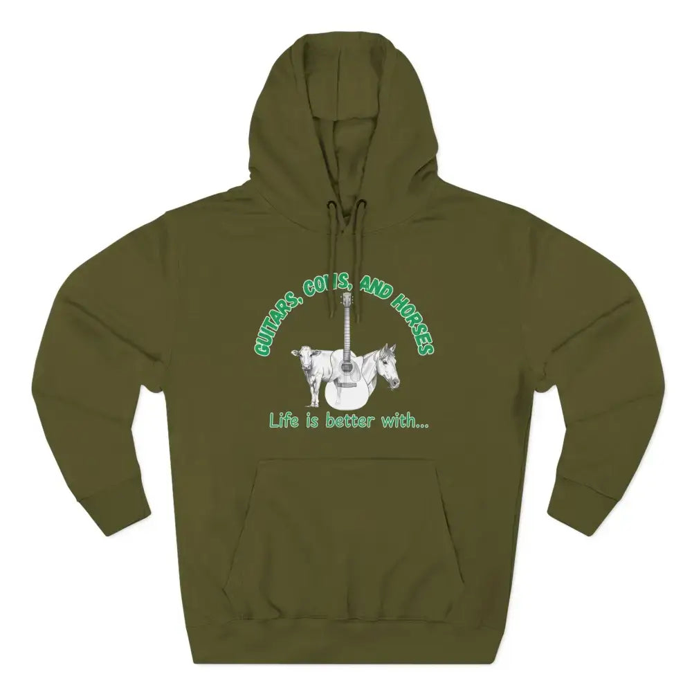 Guitars Cows & Horses Hoodie — Hoodies for Men Winter Farm Apparel - M / Army Green - Hoodie