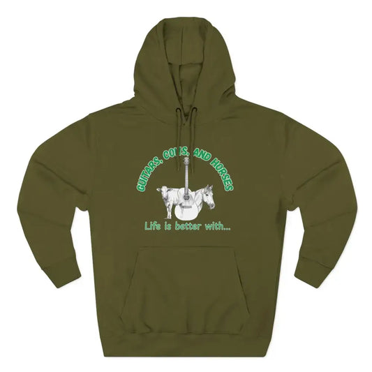 Guitars Cows & Horses Hoodie — Hoodies for Men Winter Farm Apparel - M / Army Green - Hoodie
