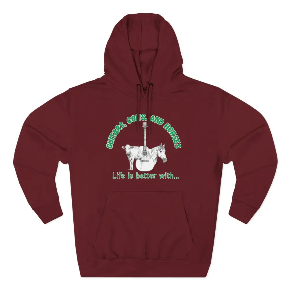 Guitars Cows & Horses Hoodie — Hoodies for Men Winter Farm Apparel - XS / Burgundy - Hoodie