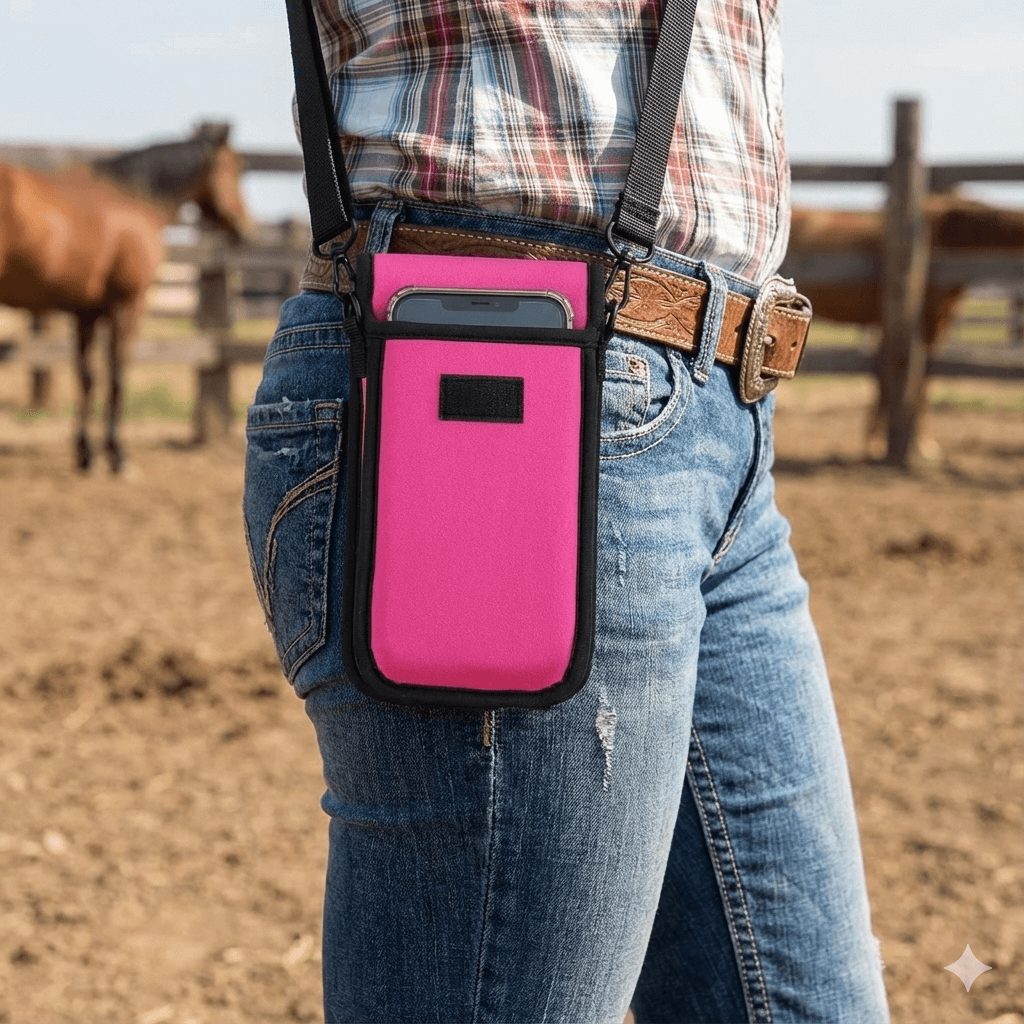 Cell Phone Holster worn by a rider, securely holding a phone during outdoor activities.