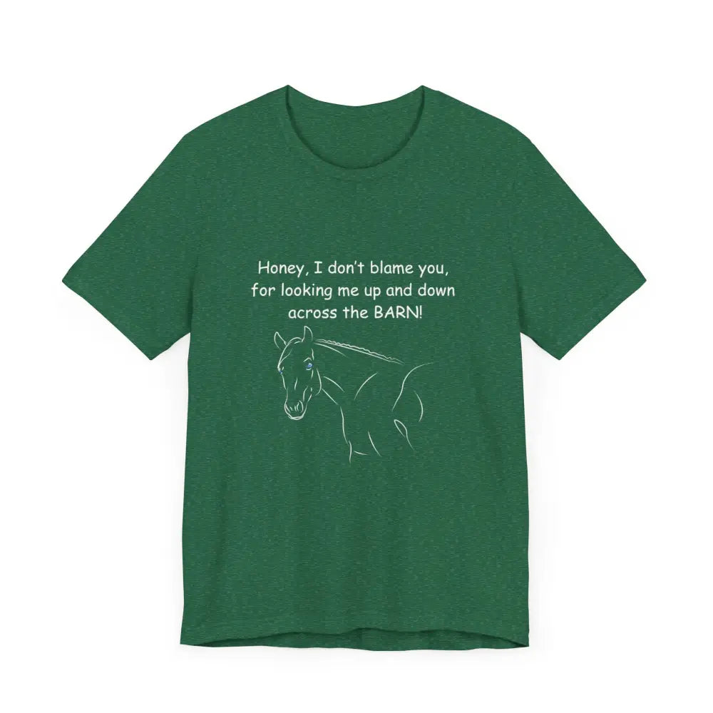 Green T-shirt with horse graphic and text, classic unisex jersey short sleeve tee
