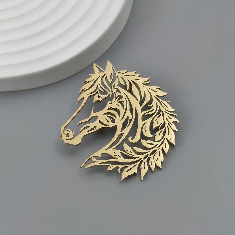 Horse Head Brooch Stainless Steel Jewelry Western Suit Accessories - Gold - Jewelry