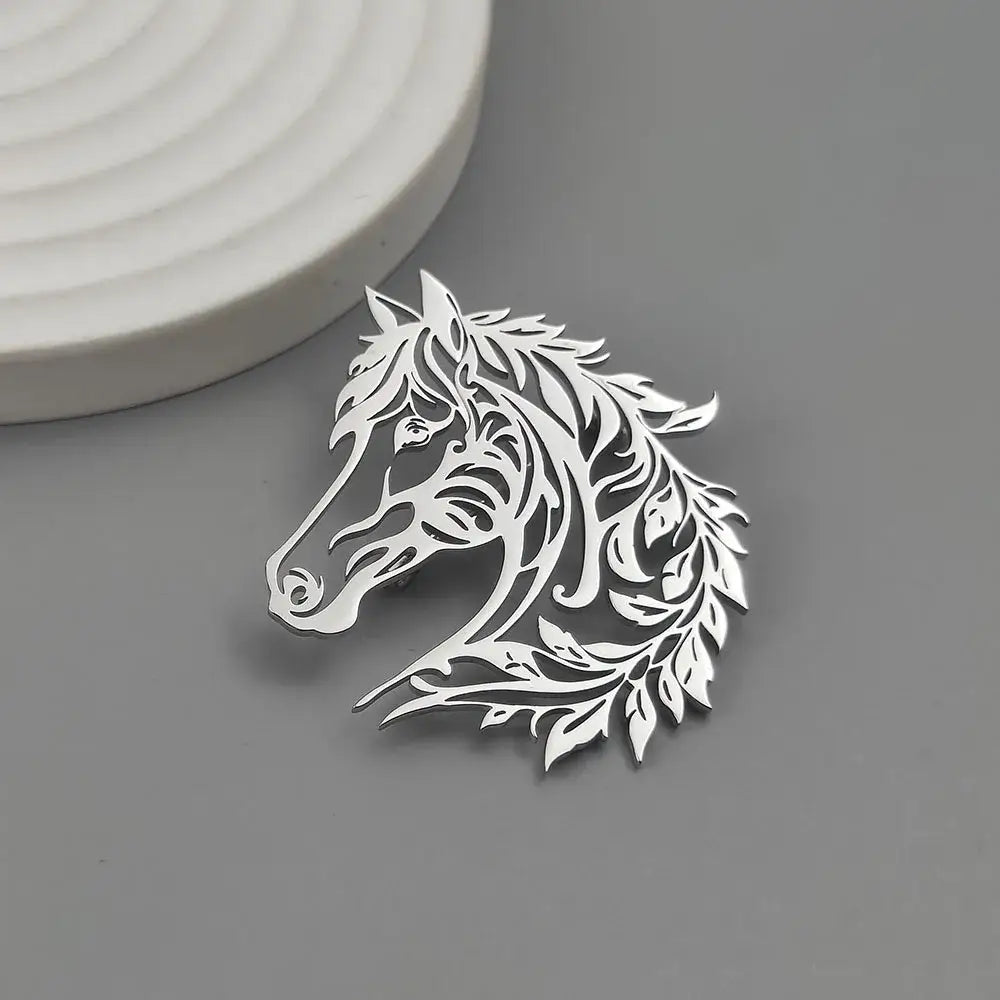 Horse Head Brooch Stainless Steel Jewelry Western Suit Accessories - Silver - Jewelry