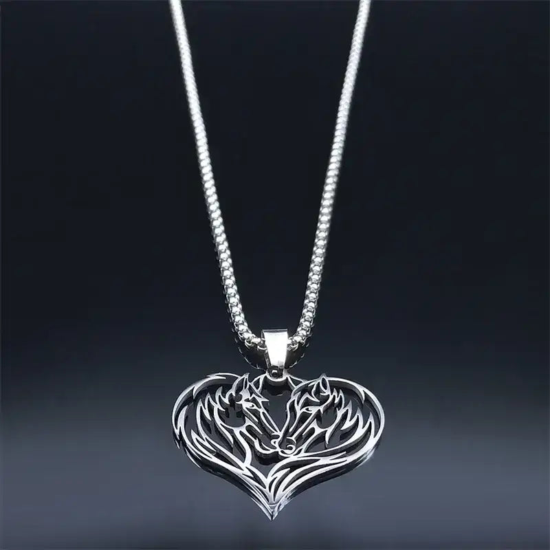 Horse Love Pendant Stainless Steel Necklace. Aesthetic Heart Shape Horse Necklace. Jewelry