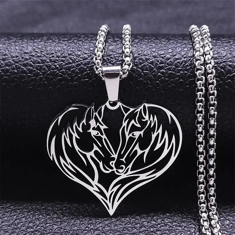 Horse Love Pendant Stainless Steel Necklace. Aesthetic Heart Shape Horse Necklace. Jewelry
