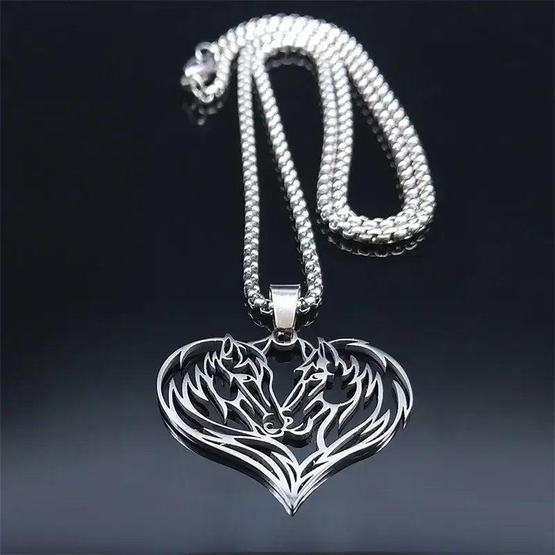 Horse Love Pendant Stainless Steel Necklace. Aesthetic Heart Shape Horse Necklace. Jewelry