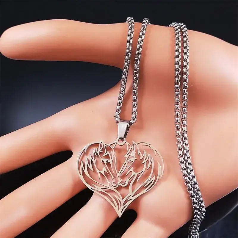Horse Love Pendant Stainless Steel Necklace. Aesthetic Heart Shape Horse Necklace. Jewelry