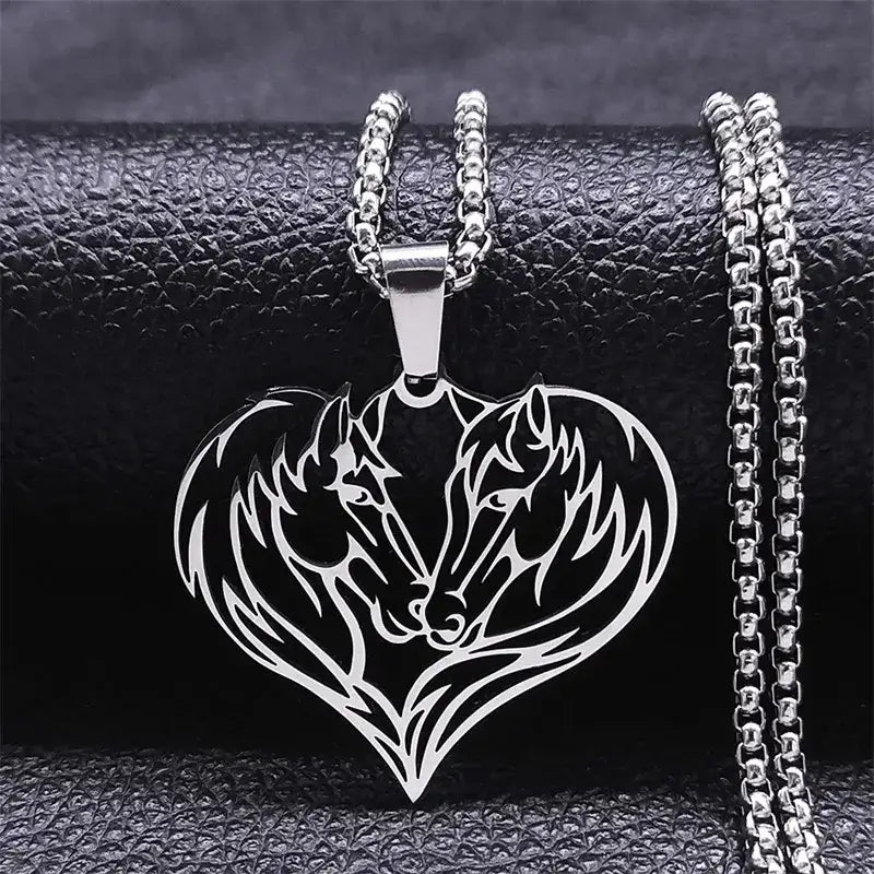 Horse Love Pendant Stainless Steel Necklace. Aesthetic Heart Shape Horse Necklace. A 50cm Box SR Jewelry