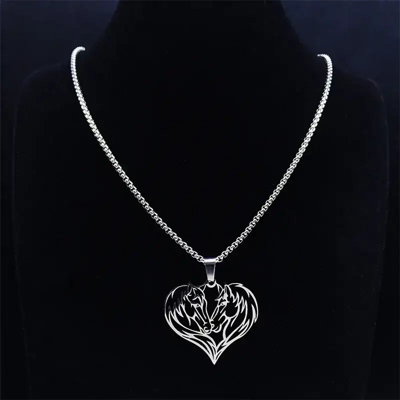 Horse Love Pendant Stainless Steel Necklace. Aesthetic Heart Shape Horse Necklace. Jewelry