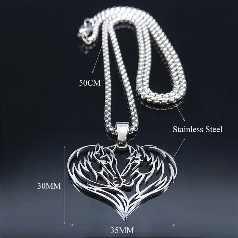 Horse Love Pendant Stainless Steel Necklace. Aesthetic Heart Shape Horse Necklace. Jewelry