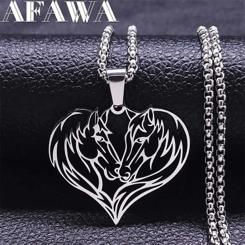 Horse Love Pendant Stainless Steel Necklace. Aesthetic Heart Shape Horse Necklace. Jewelry
