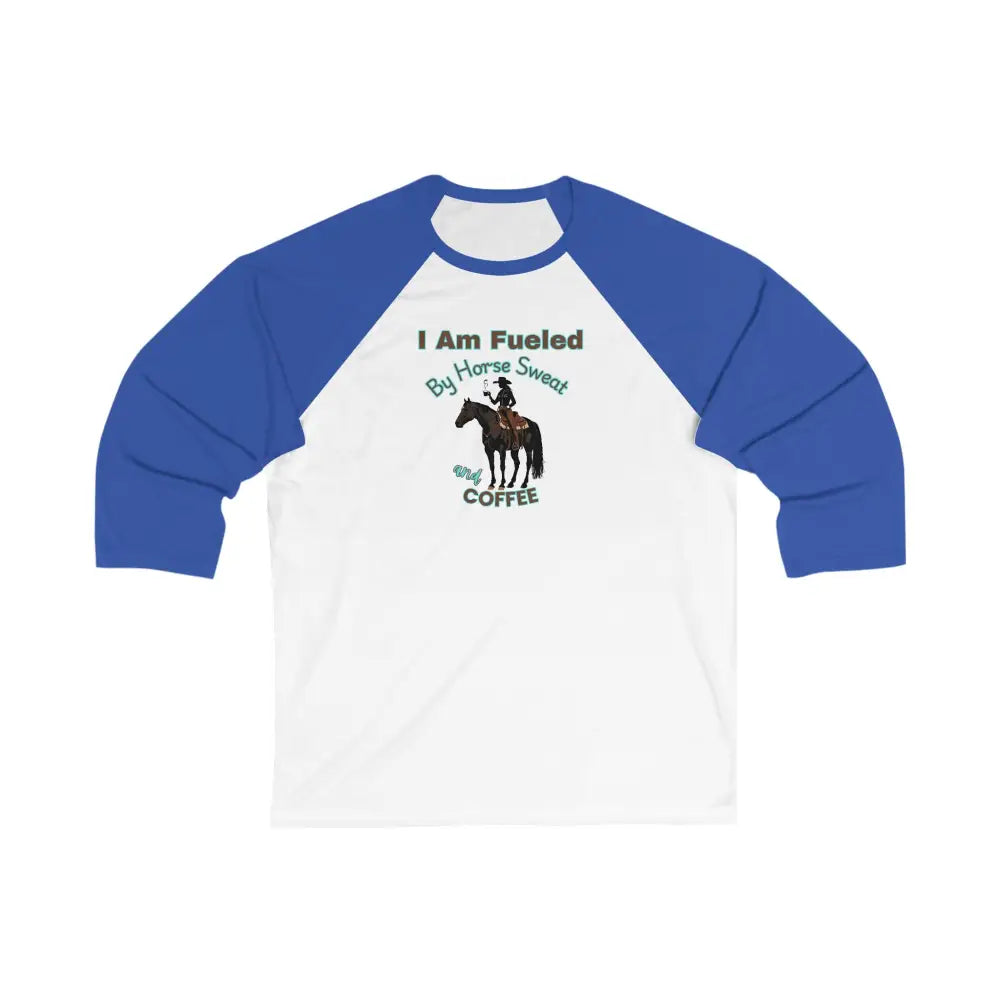 Horse and Coffee Lover’s 3/4 Sleeve Baseball Tee Equestrian Coffee Lover Shirt Horse Apparel White/True Royal / S