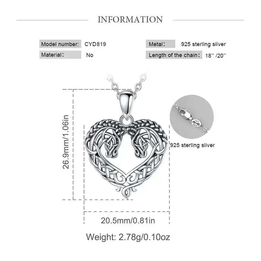 Horse Necklace Heart Shape Necklace 925 Sterling Silver Horse Lovers Gift Jewelry