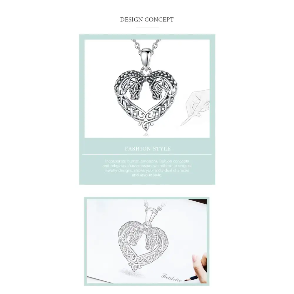 Horse Necklace Heart Shape Necklace 925 Sterling Silver Horse Lovers Gift Jewelry
